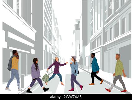 Persone diverse che camminano lungo la strada vettoriale della città. Illustrazione Vettoriale
