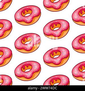 Motivo ciambella senza cuciture con glassa rosa in stile cartoni animati. Design semplice della linea cupcake per carta da parati, panificio e menu da caffe'. Illustrazione vettoriale su A. Illustrazione Vettoriale