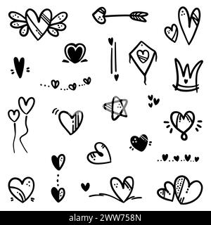 Cuore astratto di Doodle. Thin Line Black in molte collezioni. Pennello firma l'amore isolato nell'illustrazione vettoriale Illustrazione Vettoriale