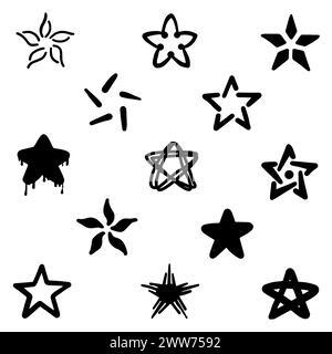 Astratte stelle a doodle disegnate a mano con una grande collezione all'interno Illustrazione Vettoriale