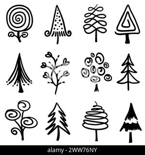 Set disegnato a mano con doodle astratto, alberi con linee sottili nere nell'illustrazione vettoriale Illustrazione Vettoriale