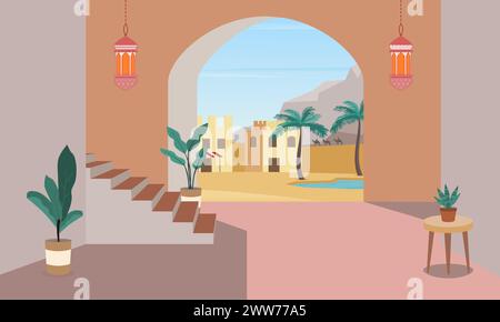 Sala d'ingresso in stile marocchino, arabo o indiano con vista del paesaggio desertico. Illustrazione vettoriale. Illustrazione Vettoriale