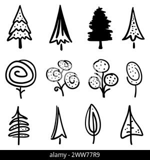 Set disegnato a mano con doodle astratto, alberi con linee sottili nere nell'illustrazione vettoriale Illustrazione Vettoriale