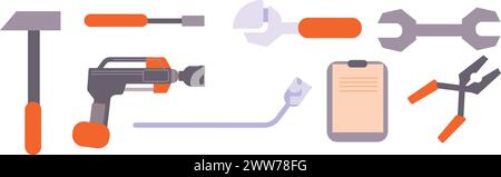 Icona Toolkit. Vari utensili da costruzione. Riparare la cassetta degli attrezzi isolata su sfondo bianco Illustrazione Vettoriale