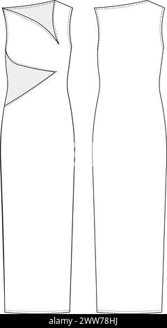 collo asimmetrico senza maniche linea h a turni dritti collo maxi dress lungo taglio basso. modello disegno tecnico moda disegno piatto disegno cad mockup donna Illustrazione Vettoriale