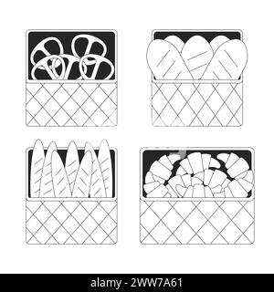 Prodotti da forno in bianco e nero, set di oggetti per cartoni animati 2D. Illustrazione Vettoriale