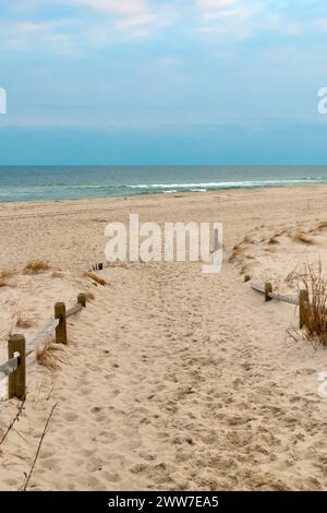L'immagine mostra un sentiero sabbioso che conduce ad una tranquilla spiaggia, con una recinzione in legno e vegetazione costiera che aggiunge un fascino rustico. Foto Stock