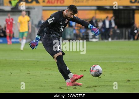 Parramatta, Australia. 21 marzo 2024. La squadra di calcio libanese Mostafa Matar è vista in azione durante la partita di qualificazione della Coppa del mondo 2026 tra Australia e Libano tenutasi al CommBank Stadium. Punteggio finale; Australia 2:0 Libano. (Foto di Luis Veniegra/SOPA Images/Sipa USA) credito: SIPA USA/Alamy Live News Foto Stock