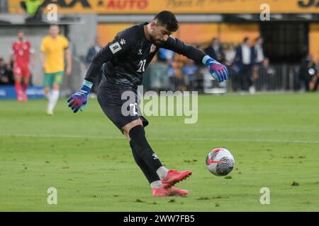 Parramatta, Australia. 21 marzo 2024. La squadra di calcio libanese Mostafa Matar è vista in azione durante la partita di qualificazione della Coppa del mondo 2026 tra Australia e Libano tenutasi al CommBank Stadium. Punteggio finale; Australia 2:0 Libano. Credito: SOPA Images Limited/Alamy Live News Foto Stock