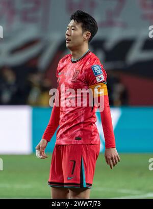 Seoul, Corea del Sud. 21 marzo 2024. Il giocatore sudcoreano Son Heung-min (7), cerca la palla durante la partita di calcio della seconda qualificazione asiatica della Coppa del mondo FIFA tra Corea del Sud e Thailandia al Sangam World Cup Stadium di Seoul, Corea del Sud, il 21 marzo 2024. Segna Corea del Sud-Thailandia 1-1. (Foto di Lee Young-ho/Sipa USA) credito: SIPA USA/Alamy Live News Foto Stock