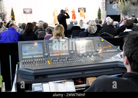 CLASSICI RETRÒ 2010, Stuttgart Messe, ingegnere del suono che lavora su una console di missaggio digitale durante un evento, Stuttgart Messe, Stoccarda Foto Stock