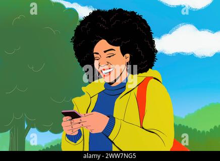 Giovane donna felice con messaggi afro con smartphone in parco Foto Stock