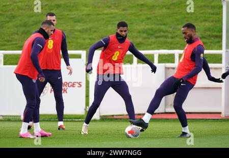 Da sinistra a destra, l'inglese Kyle Walker, Lewis Dunk, Marcus Rashford e Ivan Toney durante una sessione di allenamento a St. George's Park, Burton Upon Trent. Data foto: Venerdì 22 marzo 2024. Foto Stock