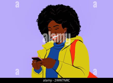 Giovane donna felice con afro che scrive con lo smartphone Foto Stock