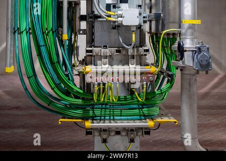 Immagine di cavi di messa a terra elettrici di colore giallo e cavi di segnale verdi in un'area industriale, utilizzati per il trasferimento del segnale e per evitare rischi Foto Stock