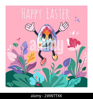 Poster di Pasqua con il personaggio di Happy Holiday, un uovo di goloso tra i fiori primaverili Illustrazione Vettoriale