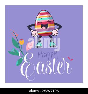 Poster di Pasqua con il personaggio di Happy Holiday, un uovo di goloso tra i fiori primaverili Illustrazione Vettoriale