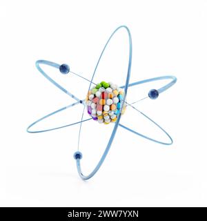Modello Atom con elettroni orbitali isolati su sfondo bianco. Illustrazione 3D. Foto Stock