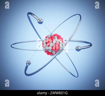 Modello Atom con elettroni orbitali isolati su sfondo blu. Illustrazione 3D. Foto Stock