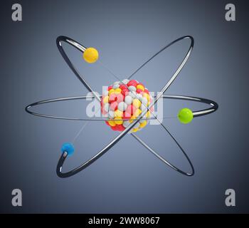 Modello Atom con elettroni orbitali isolati su sfondo grigio. Illustrazione 3D. Foto Stock