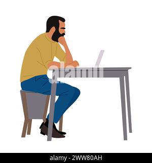 Uomo d'affari seduto alla scrivania e al computer portatile. Illustrazione Vettoriale