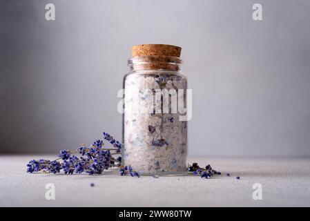 Un ambiente spa sereno con un vaso di vetro di sale aromatico di lavanda sigillato con un sughero, circondato da fiori di lavanda sparsi su uno sfondo grigio Foto Stock