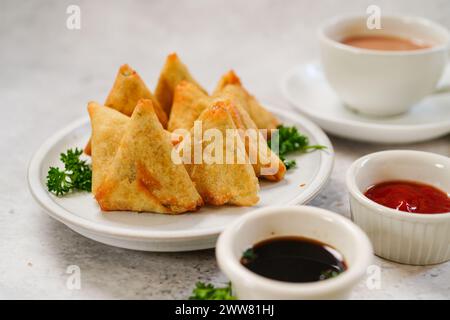 Mini cocktail samosa fatti in casa | antipasto indiano servito con ketchup e salsa tamarinda Foto Stock