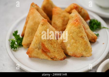 Mini cocktail samosa fatti in casa | antipasto indiano servito con ketchup e salsa tamarinda Foto Stock