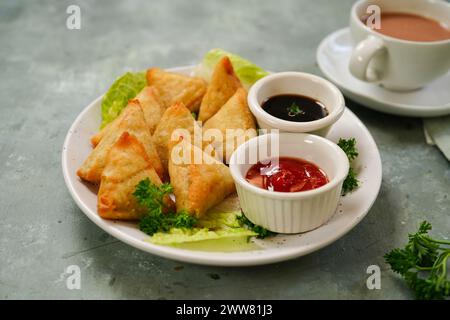Mini cocktail samosa fatti in casa | antipasto indiano servito con ketchup e salsa tamarinda Foto Stock