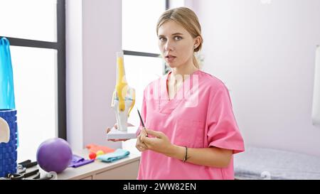 Una donna caucasica in scrub sanitari rosa che tiene un modello osseo nella stanza di riabilitazione di una clinica Foto Stock