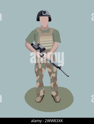 Immagine isolata vettoriale di un militare con una pistola. Illustrazione Vettoriale
