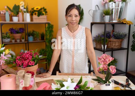 Giovane donna asiatica fiorista sorridente fiduciosa in piedi al negozio di fiori Foto Stock