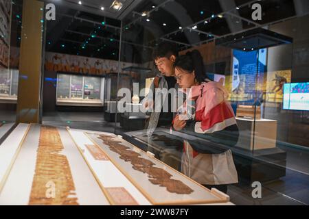 Tianjin. 22 marzo 2024. Le persone visitano una mostra sulle "civiltà fluviali" presso il Museo marittimo Nazionale della Cina, nella municipalità di Tianjin, nella Cina settentrionale, il 22 marzo 2024. Venerdì è stata lanciata una mostra sulle "civiltà fluviali" presso il Museo marittimo nazionale della Cina, nella municipalità di Tianjin nella Cina settentrionale. La mostra, incentrata sulle antiche civiltà nate nelle principali valli fluviali del mondo, durerà fino a luglio 28. Crediti: Sun Fanyue/Xinhua/Alamy Live News Foto Stock