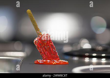 Primo piano su un papavero fuso sulla tavola di ferro di una gelatiera. Foto Stock