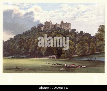 Incisione d'epoca del castello di Dunster, un ex castello di motte e bailey, ora residenza di campagna, nel villaggio di Dunster, Somerset, Inghilterra. Una serie di pittoresche vedute dei posti a sedere dei nobili e dei signori della Gran Bretagna e dell'Irlanda Foto Stock