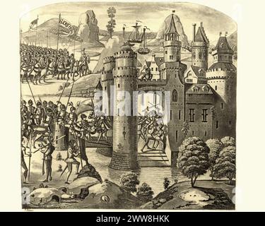 Incisione d'epoca di una scena delle Cronache di Froissart, assedio di Calais 1347. L'assedio di Calais (4 settembre 1346 - 3 agosto 1347) ebbe luogo quando un esercito inglese sotto il comando di Edoardo III d'Inghilterra assediò con successo la guarnigione francese di Calais. Fu un impegno importante all'inizio della fase edoardiana della guerra dei cent'anni. Foto Stock