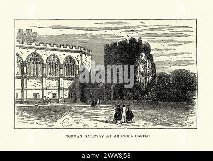 Incisione d'epoca della porta normanna al Castello di Arundel, 1870, XIX secolo. Il castello di Arundel è un castello medievale restaurato e ristrutturato ad Arundel, West Sussex, Inghilterra. Fu fondata da Roger de Montgomery il giorno di Natale del 1067. Foto Stock