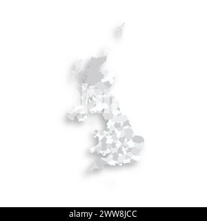 Mappa politica delle divisioni amministrative del Regno Unito di Gran Bretagna e Irlanda del Nord - contee, autorità unitarie e grande Londra in Inghilterra, distretti dell'Irlanda del Nord, aree di consiglio della Scozia e contee, distretti di contea e città del Galles. Mappa vettoriale piatta vuota grigia con ombra esterna. Illustrazione Vettoriale