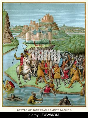 Battaglia di Jonathan contro Baccide, castello armato e uniformi militari del XV secolo. Miniatura di J Fouquet, dalla storia degli ebrei di Giuseppe. Foto Stock