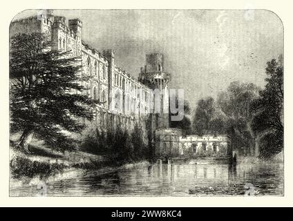 Incisione d'epoca del castello di Warwick, un castello medievale sviluppato da un originale costruito da Guglielmo il Conquistatore nel 1068. L'ora del tempo libero, 1872 Foto Stock