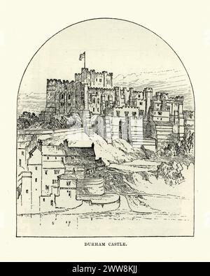 Incisione d'epoca di uno schizzo del castello di Durham, XIX secolo. Un castello normanno nella città di Durham, in Inghilterra Foto Stock