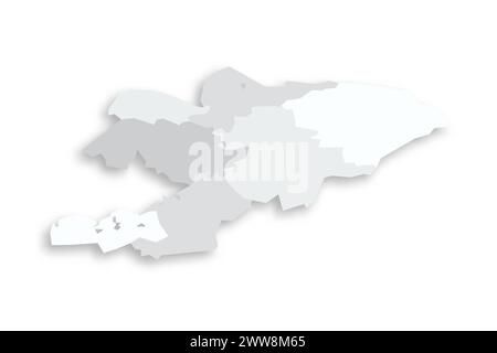 Mappa politica del Kirghizistan delle divisioni amministrative - regioni e città indipendenti di Bishkek e Osh. Mappa vettoriale piatta vuota grigia con ombra esterna. Illustrazione Vettoriale