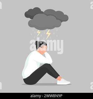 Donna depressa seduta con la testa nelle mani e nuvole scure sopra la testa, depressione e concetto di salute mentale Illustrazione Vettoriale