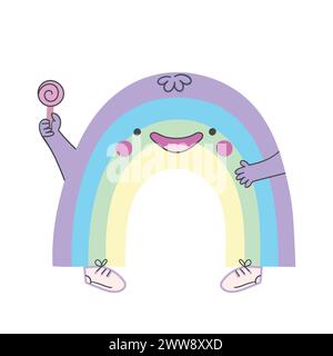 Simpatico personaggio arcobaleno disegnato a mano con un lecca lecca. Design cartoni animati per bambini. Illustrazione vettoriale Illustrazione Vettoriale