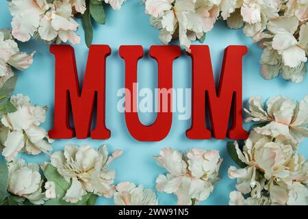 Tema della festa della mamma con lettere DELLA MAMMA e decorazioni floreali su sfondo blu Foto Stock