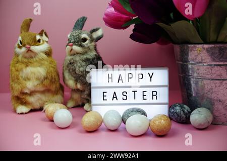 Scatola luminosa di buona Pasqua con decorazione degli elementi pasquali su sfondo rosa Foto Stock