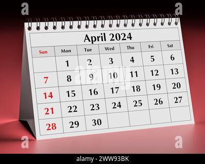 Calendario di aprile 2024. Una pagina del calendario mensile annuale del business desk in primavera Foto Stock