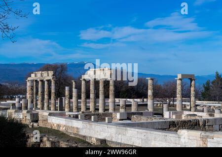 Vergina, Grecia - 5 gennaio 2024: Il Palazzo di Aigai dopo 16 anni di restauro. Il palazzo è dove Alessandro Magno fu incoronato re di t Foto Stock