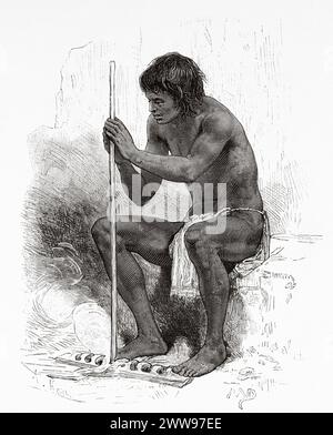 Indiani indigeni che fanno fuoco con la legna nella giungla, Guyana francese, Sud America. Disegno di D. Maillart. Da Cayenne alle Ande (1878-1879) di Jules Crevaux (1847 - 1882) le Tour du Monde 1880 Foto Stock