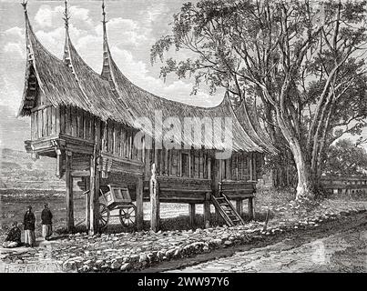 Una casa tradizionale a Alahan Pandjang, l'isola di Sumatra. Indonesia. Disegno di Catenacci. Attraverso l'isola di Sumatra 1877 di Daniel David Veth (1850 - 1885) le Tour du Monde 1880 Foto Stock